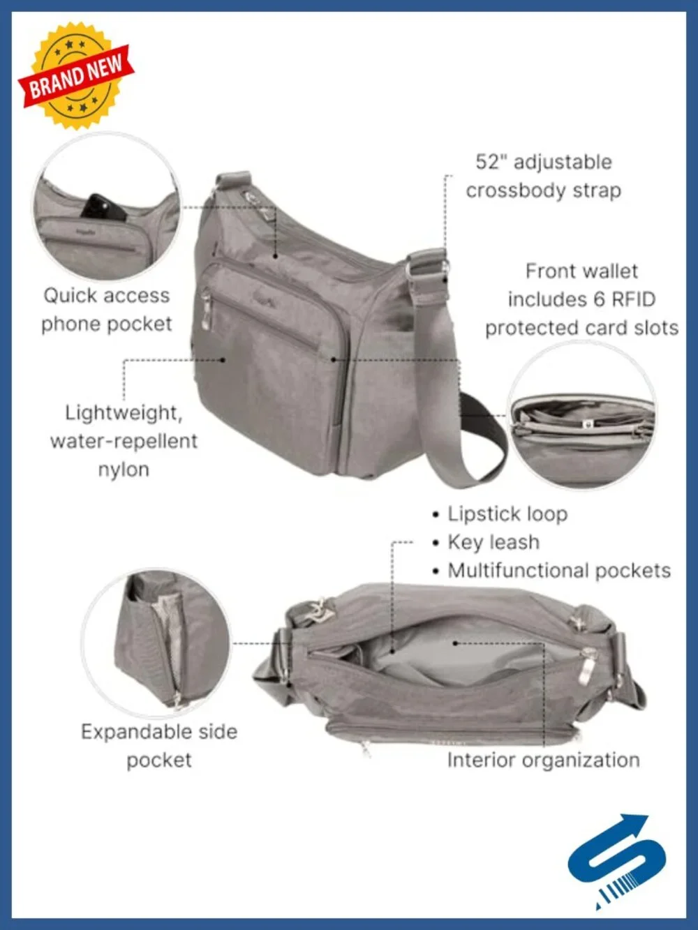 Baggallini Crosstown Hobo Crossbody Nylon RFID